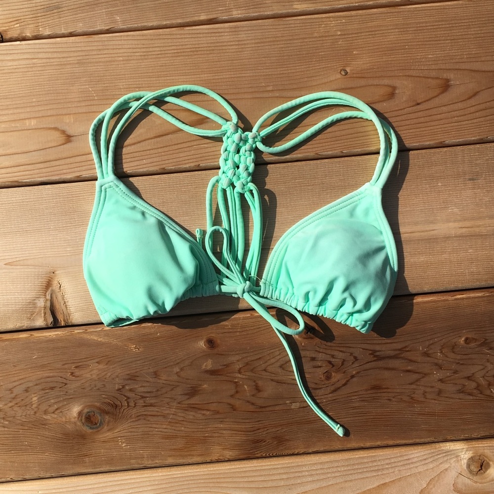 Mint green tie front strappy bikini top